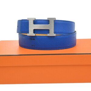 HERMES H Logo Constance Reversible Buckle Belt Leather #80 SHW Blue YW 82YH574